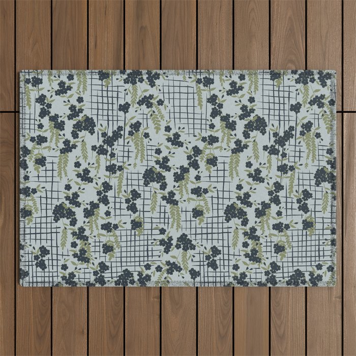 Blue floral with checks Outdoor Rug Gallery Image 1