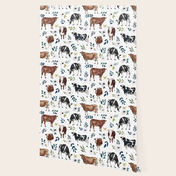 Hand-painted Cows and White Flowers with Blue Accents Wallpaper Gallery Image 2