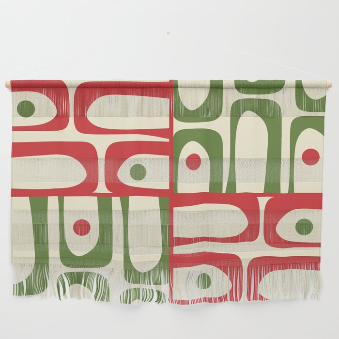 Retro Christmas Mid Century Modern Piquet Multi Red Green Cream Abstract Geometric Pattern Wall Hanging Gallery Image 1