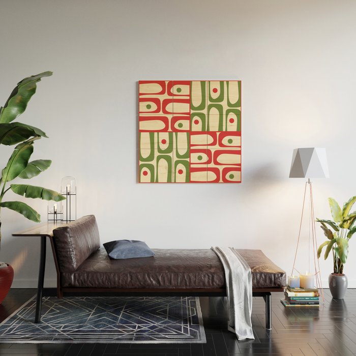 Retro Christmas Mid Century Modern Piquet Multi Red Green Cream Abstract Geometric Pattern Wood Wall Art Gallery Image 2