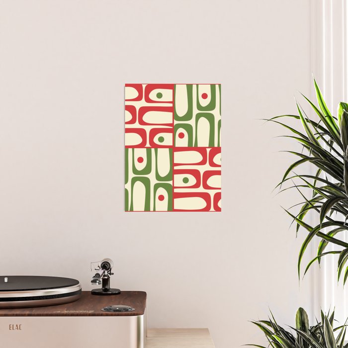 Retro Christmas Mid Century Modern Piquet Multi Red Green Cream Abstract Geometric Pattern Poster Gallery Image 2