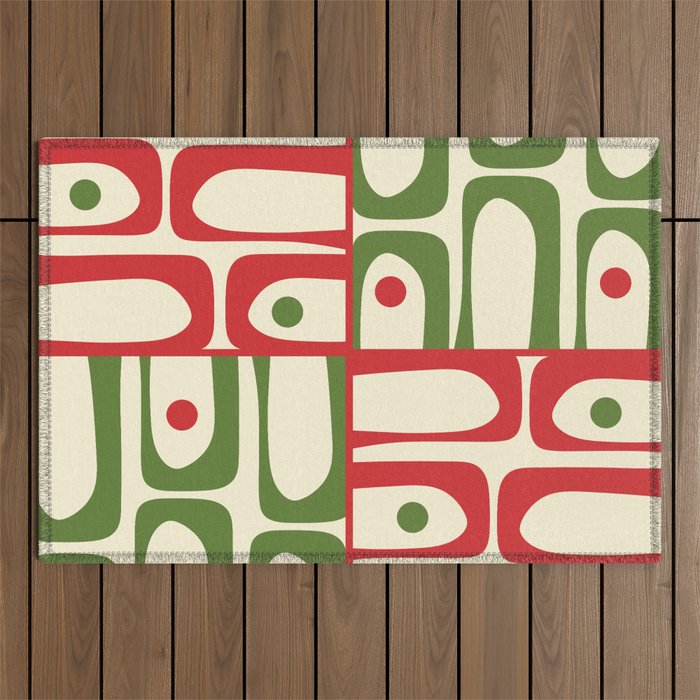 Retro Christmas Mid Century Modern Piquet Multi Red Green Cream Abstract Geometric Pattern Outdoor Rug Gallery Image 1