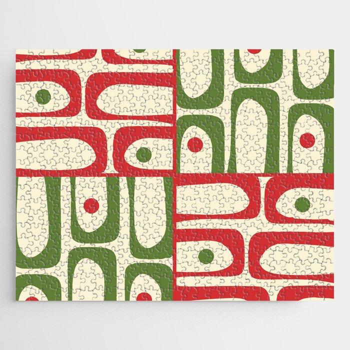 Retro Christmas Mid Century Modern Piquet Multi Red Green Cream Abstract Geometric Pattern Jigsaw Puzzle Gallery Image 1