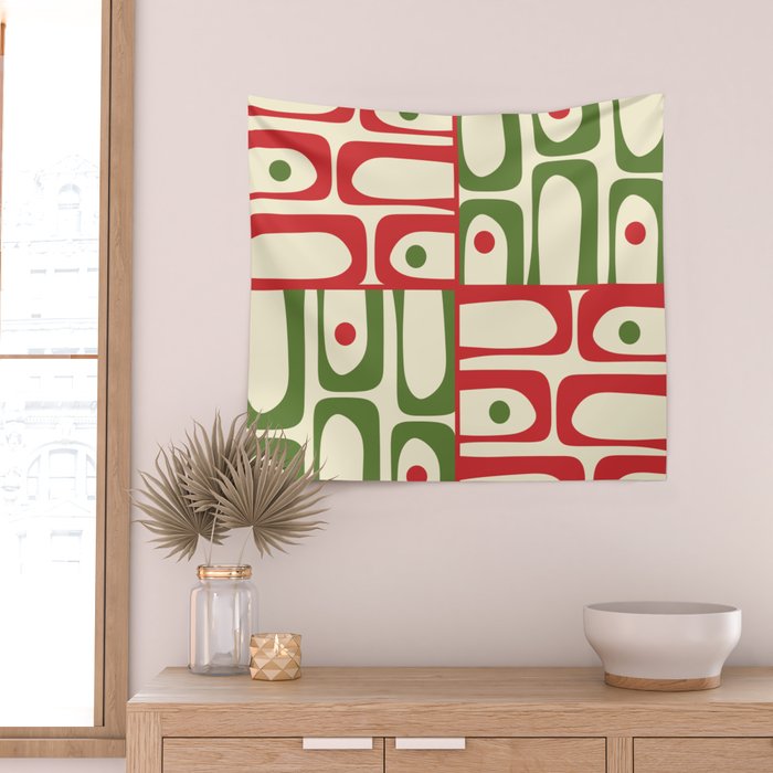 Retro Christmas Mid Century Modern Piquet Multi Red Green Cream Abstract Geometric Pattern Wall Tapestry Gallery Image 2