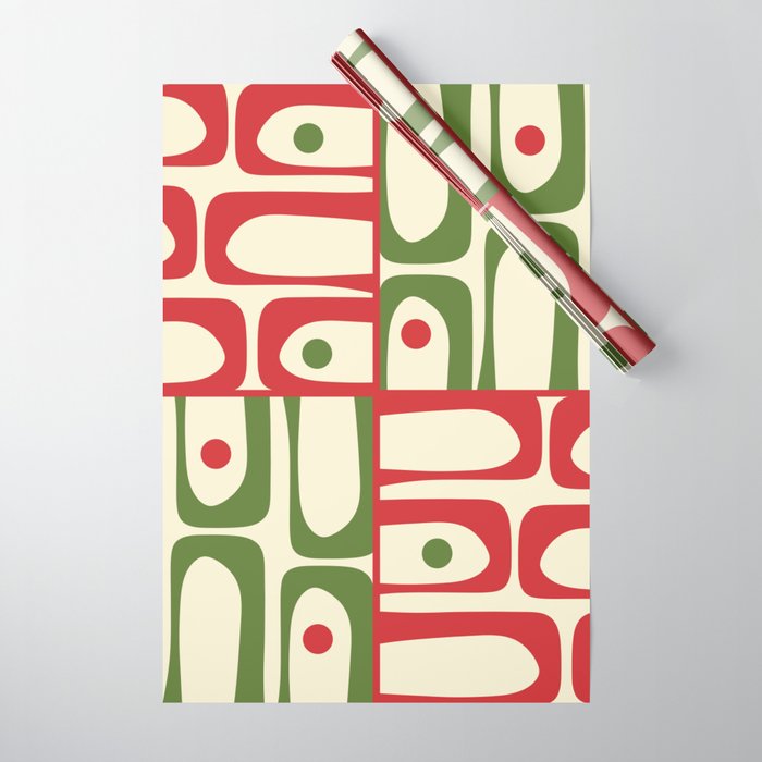 Retro Christmas Mid Century Modern Piquet Multi Red Green Cream Abstract Geometric Pattern Wrapping Paper Gallery Image 1