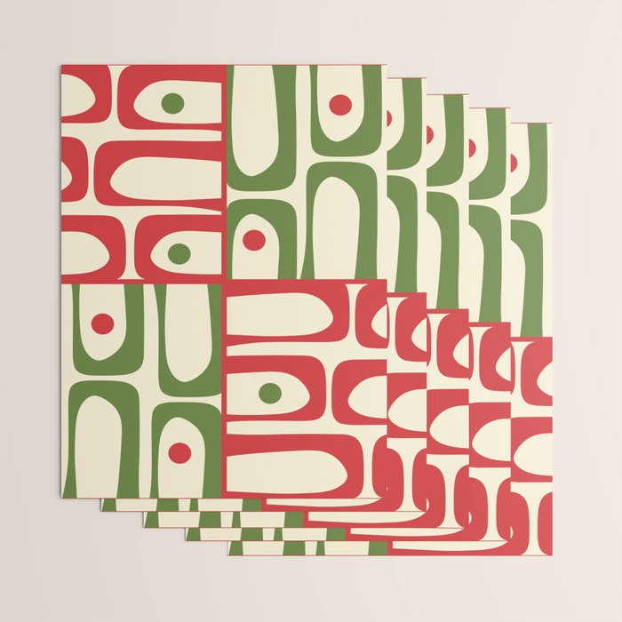 Retro Christmas Mid Century Modern Piquet Multi Red Green Cream Abstract Geometric Pattern Wrapping Paper Gallery Image 3