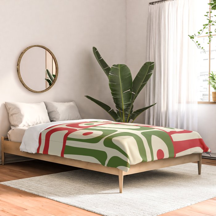 Retro Christmas Mid Century Modern Piquet Multi Red Green Cream Abstract Geometric Pattern Comforter Gallery Image 2