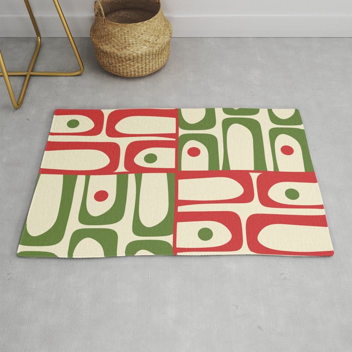 Retro Christmas Mid Century Modern Piquet Multi Red Green Cream Abstract Geometric Pattern Rug Gallery Image 1