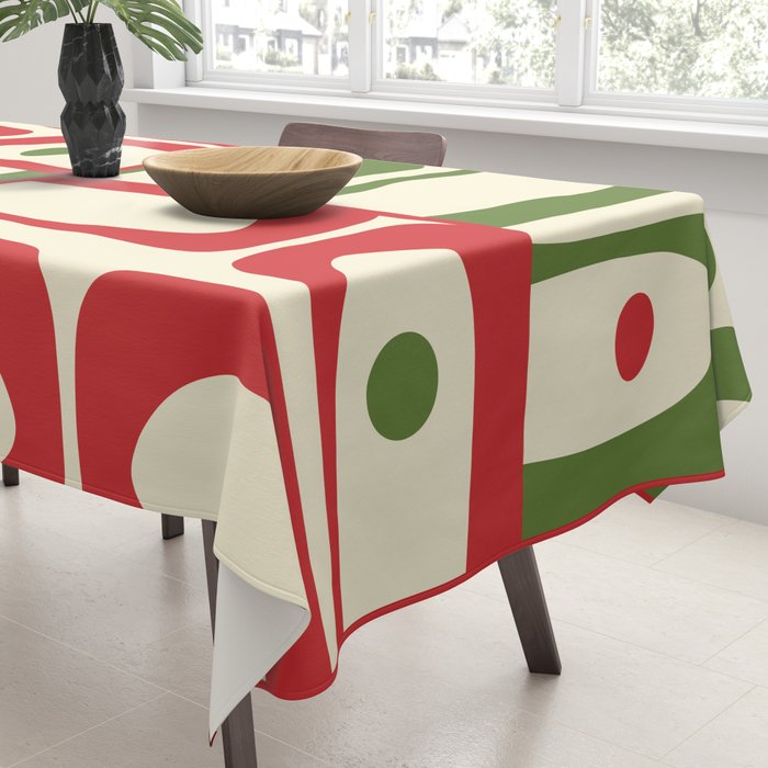 Retro Christmas Mid Century Modern Piquet Multi Red Green Cream Abstract Geometric Pattern Tablecloth Gallery Image 3