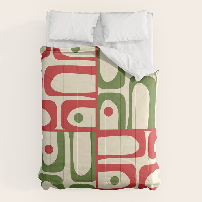 Retro Christmas Mid Century Modern Piquet Multi Red Green Cream Abstract Geometric Pattern Comforter Gallery Image 1