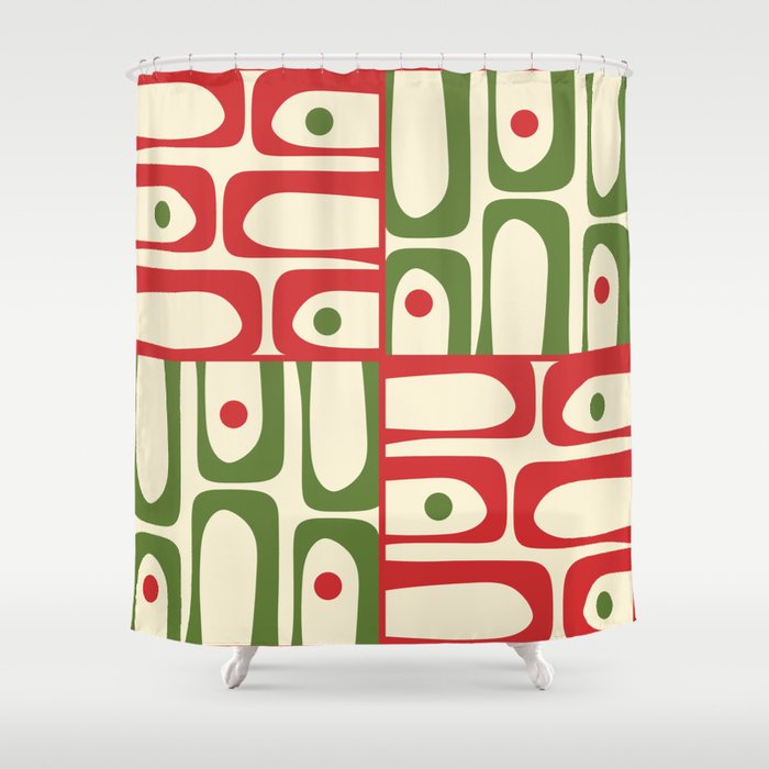 Retro Christmas Mid Century Modern Piquet Multi Red Green Cream Abstract Geometric Pattern Shower Curtain Gallery Image 1