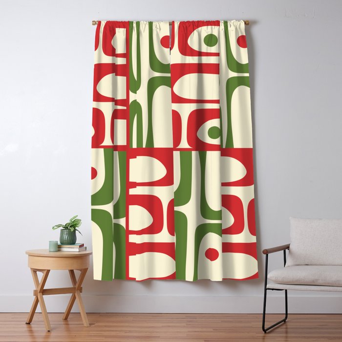 Retro Christmas Mid Century Modern Piquet Multi Red Green Cream Abstract Geometric Pattern Window Curtain Gallery Image 1