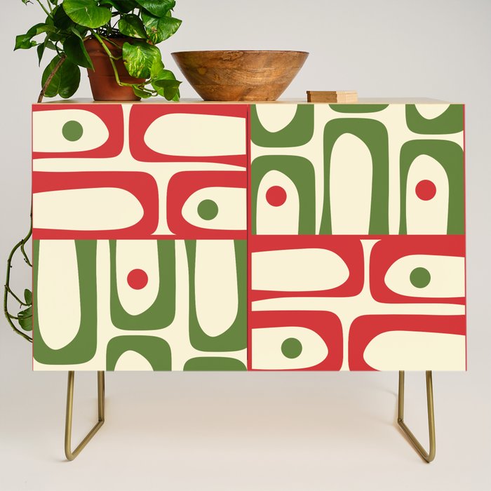 Retro Christmas Mid Century Modern Piquet Multi Red Green Cream Abstract Geometric Pattern Credenza Gallery Image 1