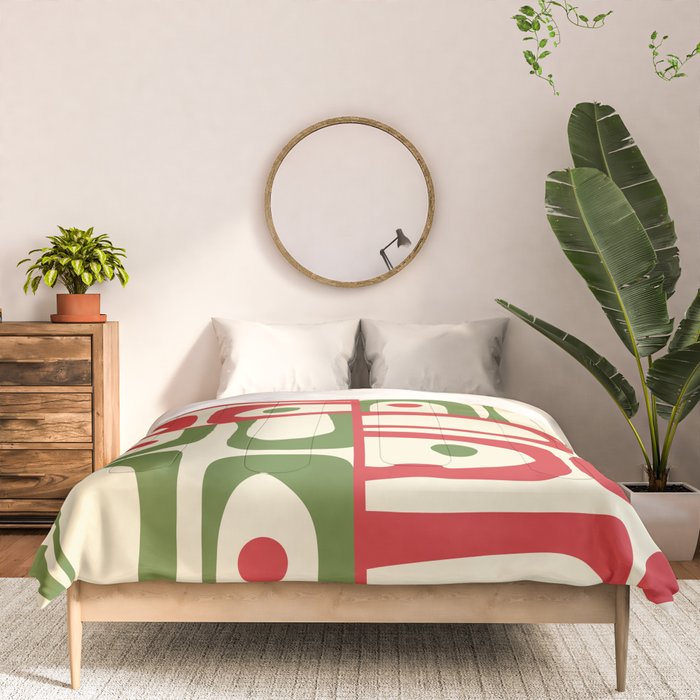 Retro Christmas Mid Century Modern Piquet Multi Red Green Cream Abstract Geometric Pattern Comforter Gallery Image 3