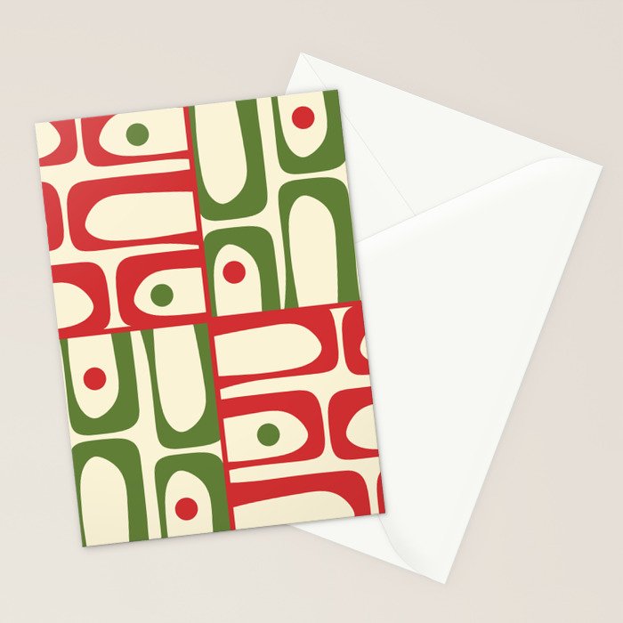 Retro Christmas Mid Century Modern Piquet Multi Red Green Cream Abstract Geometric Pattern Stationery Card Gallery Image 2