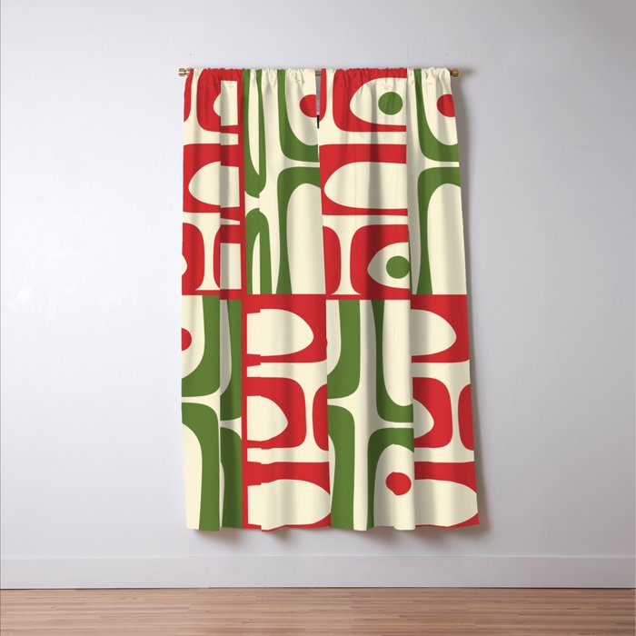 Retro Christmas Mid Century Modern Piquet Multi Red Green Cream Abstract Geometric Pattern Window Curtain Gallery Image 3