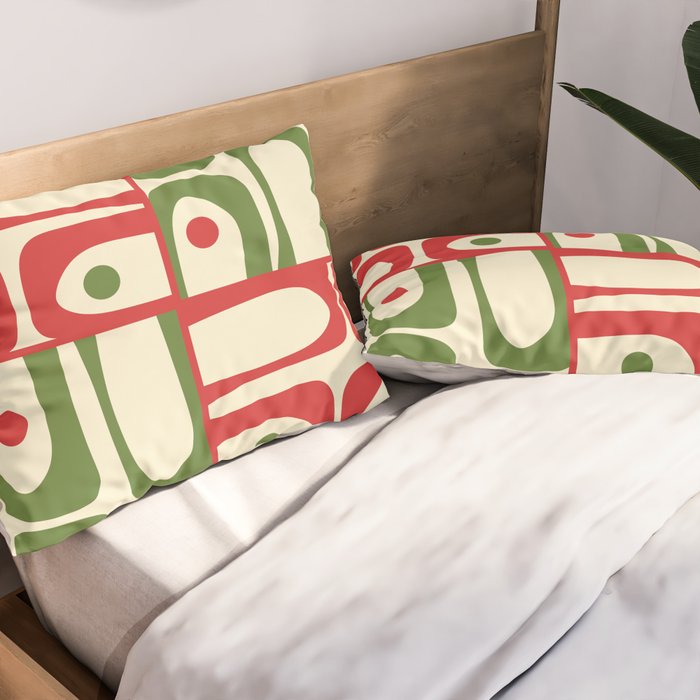 Retro Christmas Mid Century Modern Piquet Multi Red Green Cream Abstract Geometric Pattern Pillow Sham Gallery Image 2