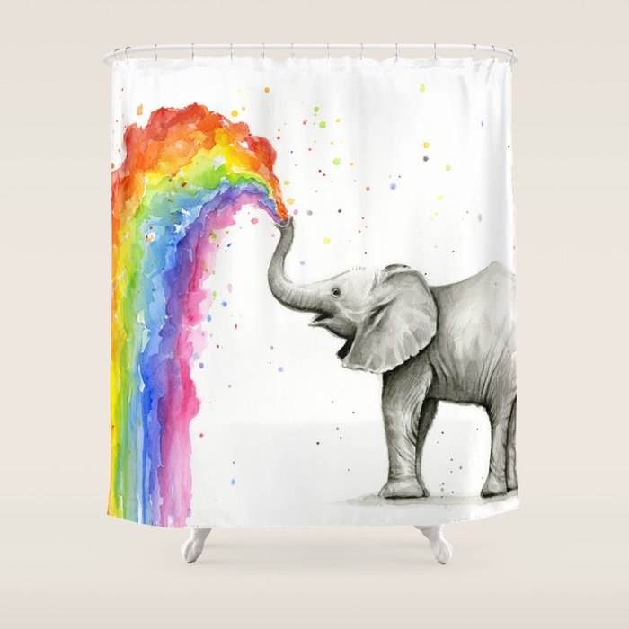 Baby Elephant Spraying Rainbow Shower Curtain Gallery Image 1