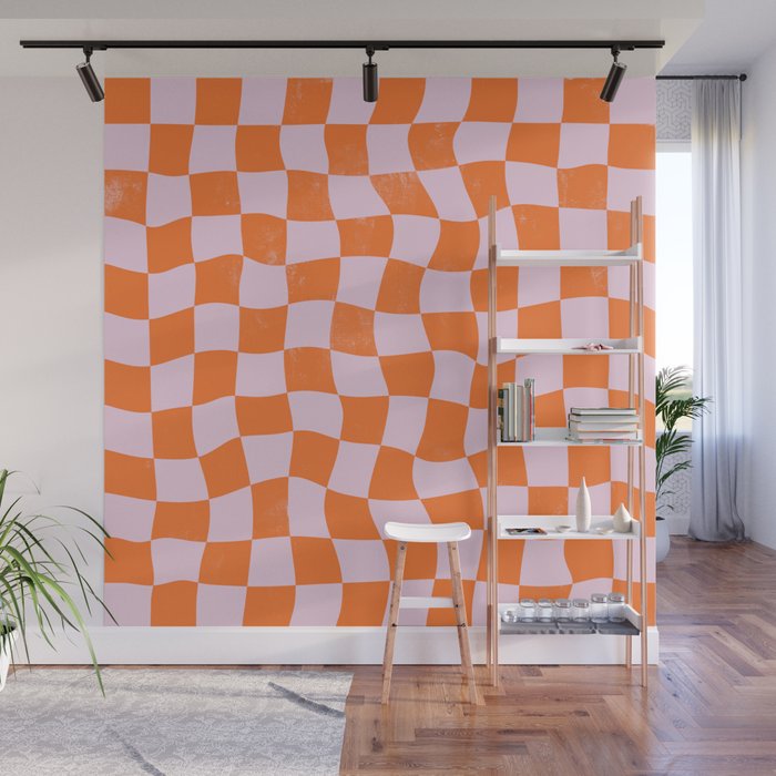 Warped Checkerboard - Orange and Pink Wall Mural Gallery Image 1