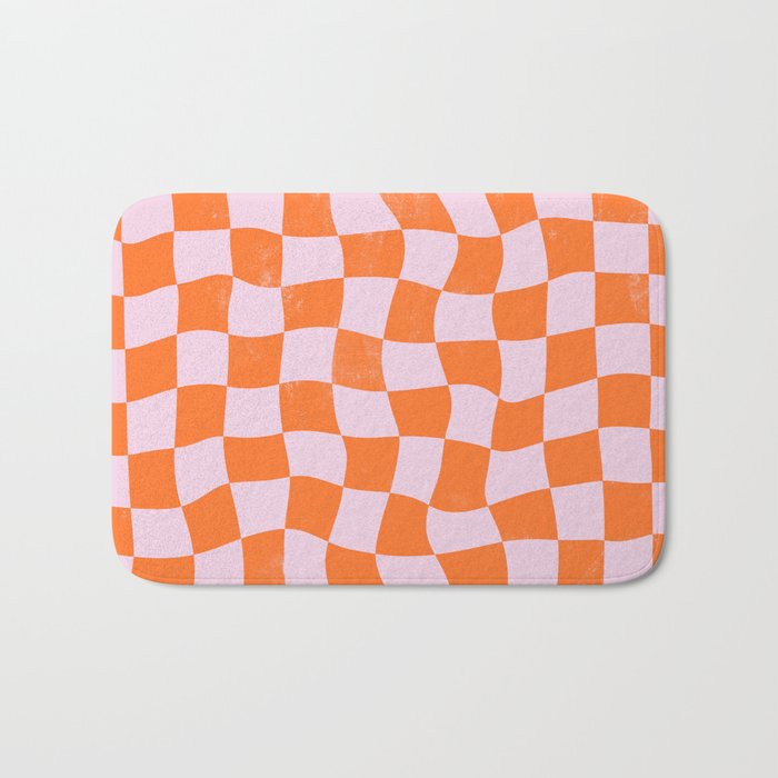 Warped Checkerboard - Orange and Pink Bath Mat Gallery Image 1