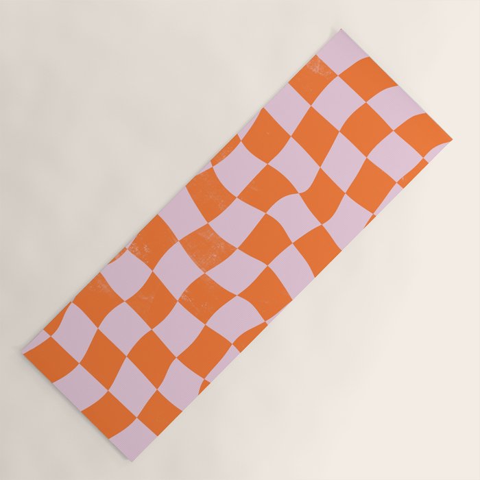 Warped Checkerboard - Orange and Pink Yoga Mat Gallery Image 1
