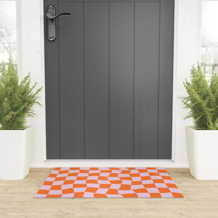 Warped Checkerboard - Orange and Pink Welcome Mat Gallery Image 3