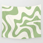 Retro Liquid Swirl Abstract Pattern Square in Light Sage Green and Cream Wall Tapestry Gallery Image 4