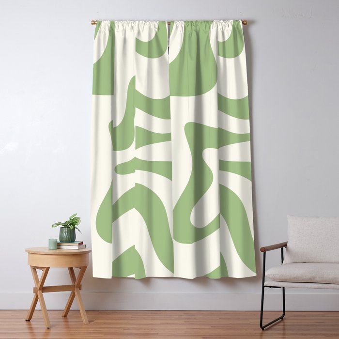 Retro Liquid Swirl Abstract Pattern Square in Light Sage Green and Cream Window Curtain Gallery Image 1