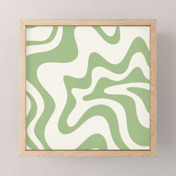 Retro Liquid Swirl Abstract Pattern Square in Light Sage Green and Cream Mini Art Print Gallery Image 1