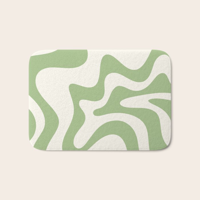 Retro Liquid Swirl Abstract Pattern Square in Light Sage Green and Cream Bath Mat Gallery Image 1