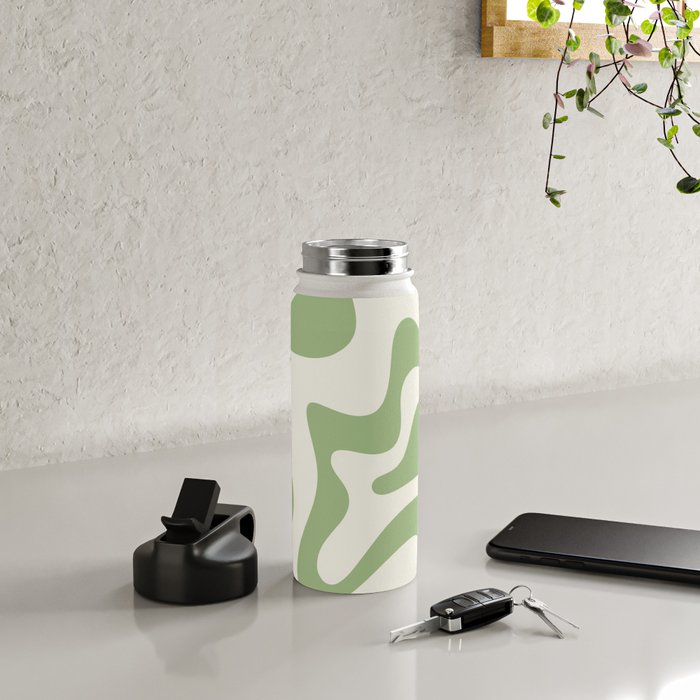 Retro Liquid Swirl Abstract Pattern Square in Light Sage Green and Cream Water Bottle Gallery Image 4