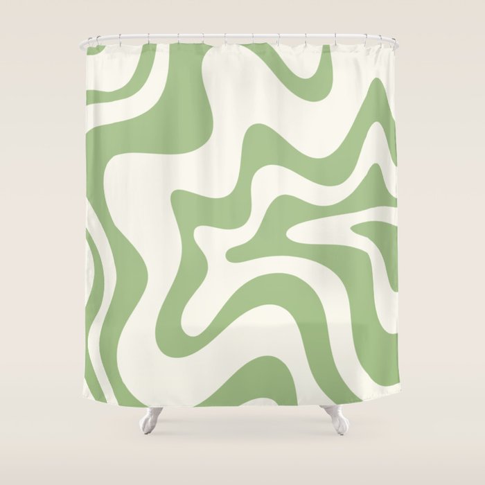 Retro Liquid Swirl Abstract Pattern Square in Light Sage Green and Cream Shower Curtain Gallery Image 1