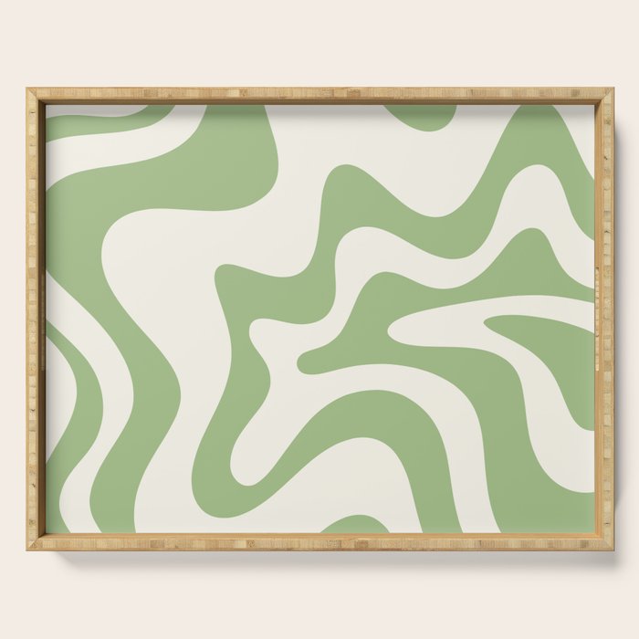 Retro Liquid Swirl Abstract Pattern Square in Light Sage Green and Cream Serving Tray Gallery Image 1