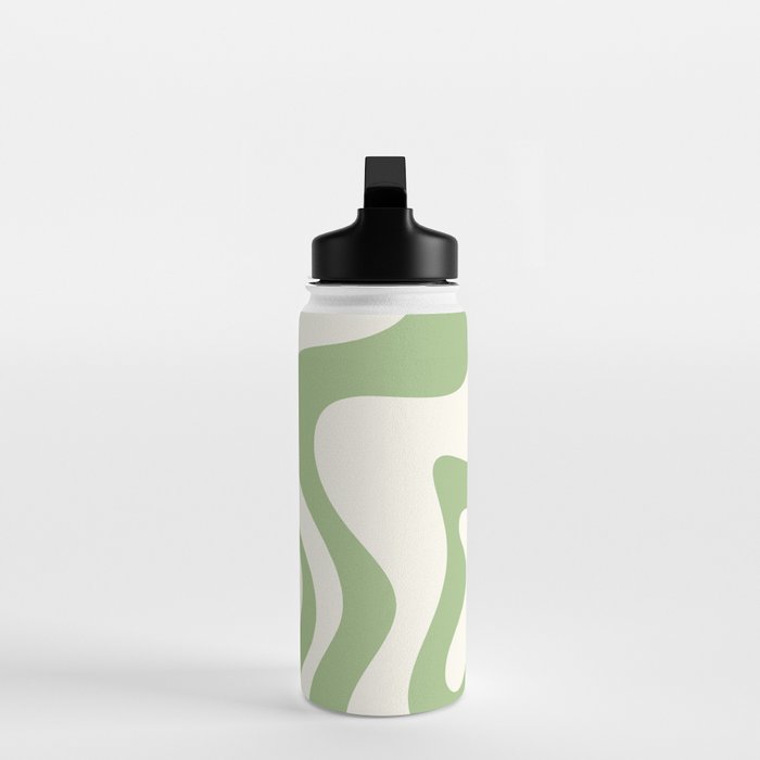 Retro Liquid Swirl Abstract Pattern Square in Light Sage Green and Cream Water Bottle Gallery Image 3