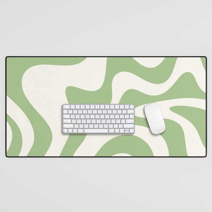 Retro Liquid Swirl Abstract Pattern Square in Light Sage Green and Cream Desk Mat Gallery Image 1
