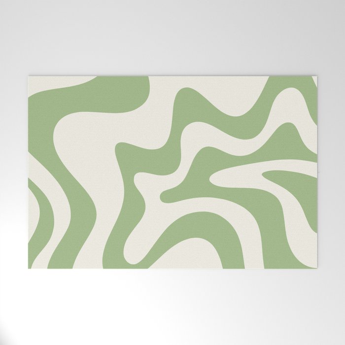 Retro Liquid Swirl Abstract Pattern Square in Light Sage Green and Cream Welcome Mat Gallery Image 1