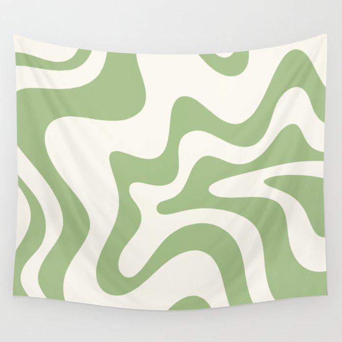 Retro Liquid Swirl Abstract Pattern Square in Light Sage Green and Cream Wall Tapestry Gallery Image 1