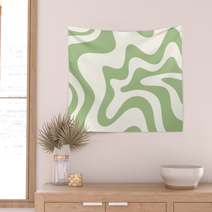 Retro Liquid Swirl Abstract Pattern Square in Light Sage Green and Cream Wall Tapestry Gallery Image 2