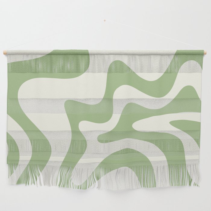 Retro Liquid Swirl Abstract Pattern Square in Light Sage Green and Cream Wall Hanging Gallery Image 1