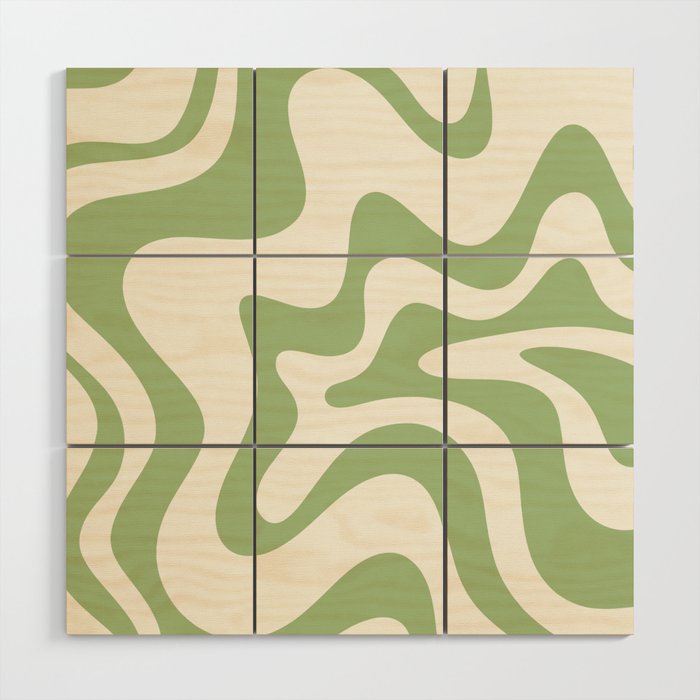 Retro Liquid Swirl Abstract Pattern Square in Light Sage Green and Cream Wood Wall Art Gallery Image 1