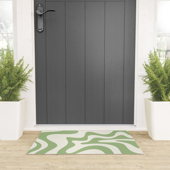 Retro Liquid Swirl Abstract Pattern Square in Light Sage Green and Cream Welcome Mat Gallery Image 3