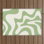 Retro Liquid Swirl Abstract Pattern Square in Light Sage Green and Cream Outdoor Rug Gallery Image 1