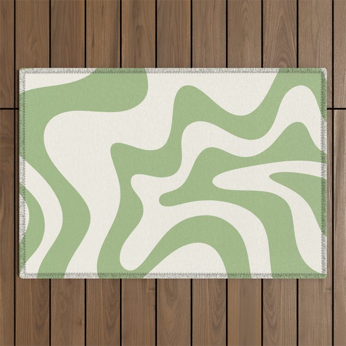 Retro Liquid Swirl Abstract Pattern Square in Light Sage Green and Cream Outdoor Rug Gallery Image 1