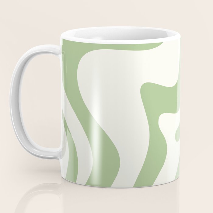 Retro Liquid Swirl Abstract Pattern Square in Light Sage Green and Cream Coffee Mug Gallery Image 3