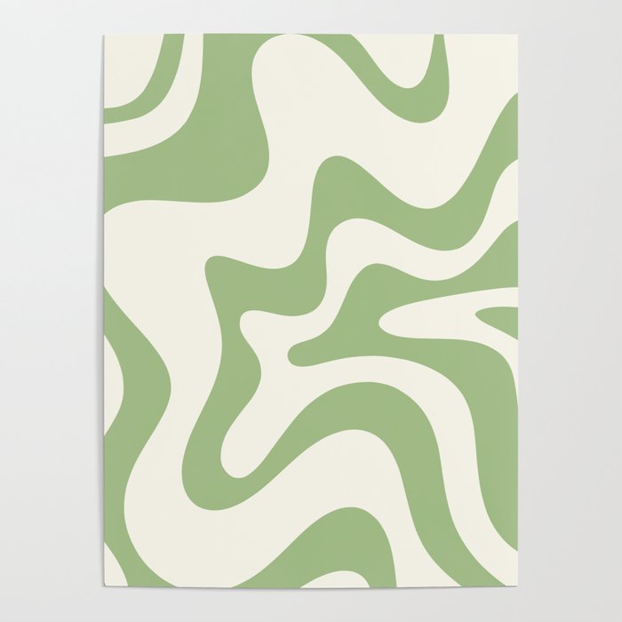 Retro Liquid Swirl Abstract Pattern Square in Light Sage Green and Cream Poster Gallery Image 1