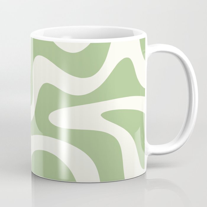 Retro Liquid Swirl Abstract Pattern Square in Light Sage Green and Cream Coffee Mug Gallery Image 1