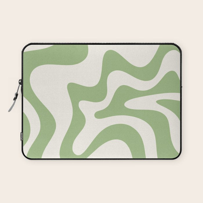 Retro Liquid Swirl Abstract Pattern Square in Light Sage Green and Cream Laptop Sleeve Gallery Image 1