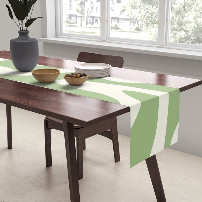 Retro Liquid Swirl Abstract Pattern Square in Light Sage Green and Cream Table Runner Gallery Image 2