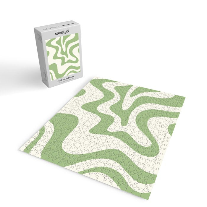 Retro Liquid Swirl Abstract Pattern Square in Light Sage Green and Cream Jigsaw Puzzle Gallery Image 2