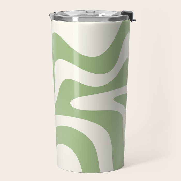 Retro Liquid Swirl Abstract Pattern Square in Light Sage Green and Cream Travel Mug Gallery Image 2